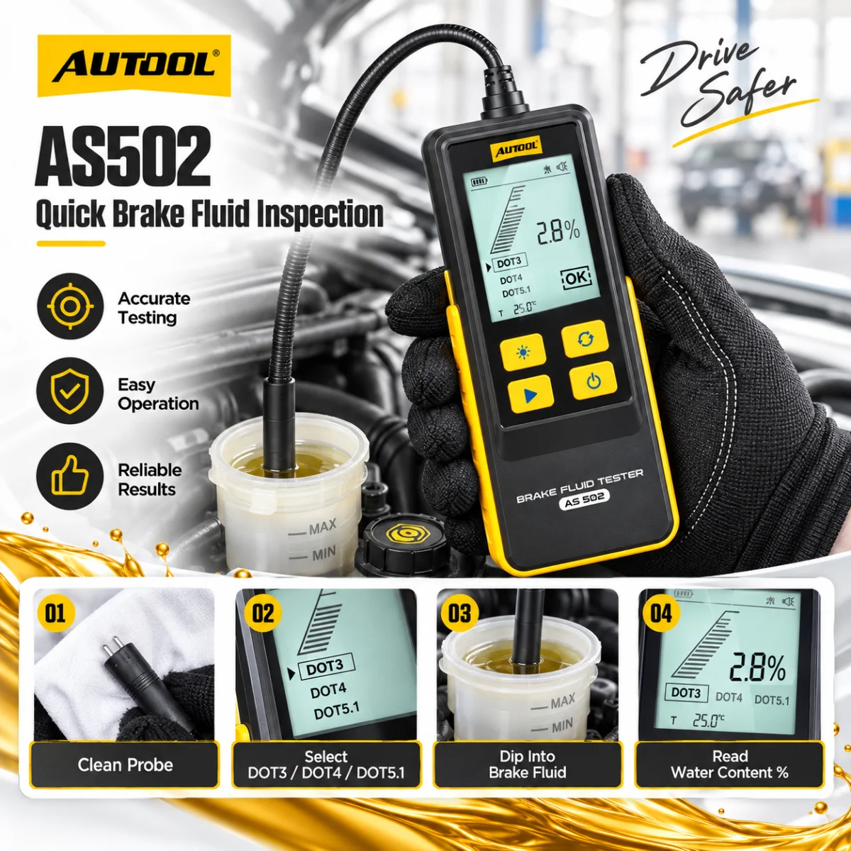AUTOOL Engine Oil Tester Transmittance Temperature C F Gasoline Diesel Probe LCD AS502/503/505