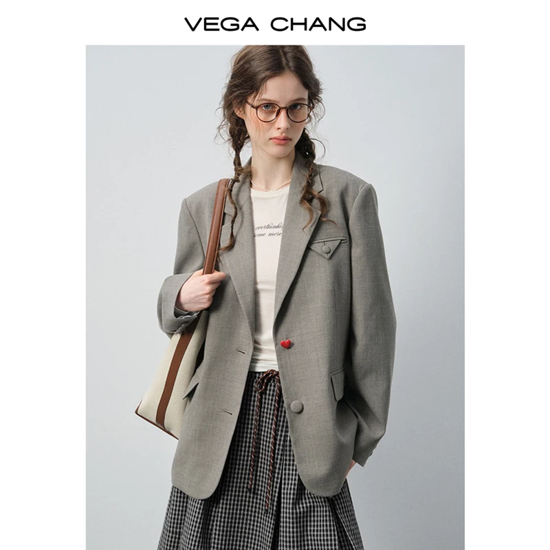 

Vega Chang Women's Suit New Autumn Style Lapel Triangle Logo Decoration Two-Button Design Simple Commuter Style Jacket