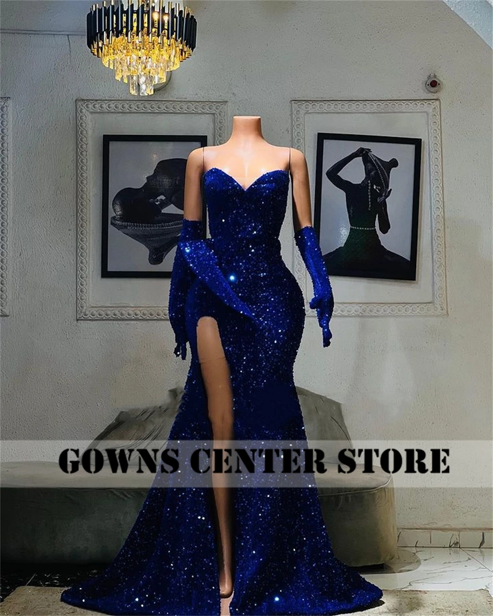 Fancy Royal Blue Sequin Mermaid Evening Dress High Split With Gloves Women Formal Party Dress robe de gala Sweetheart Customized