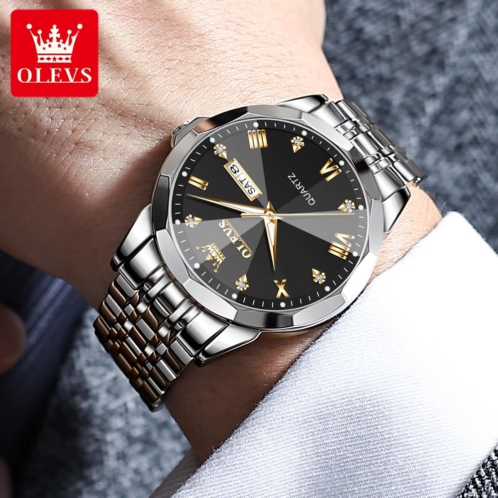 OLEVS 9931 Quartz Watch for Men Solid Stainless Steel Strap Rhombus Design Fashion Business Wristwatch Men\'s Waterproof Watches