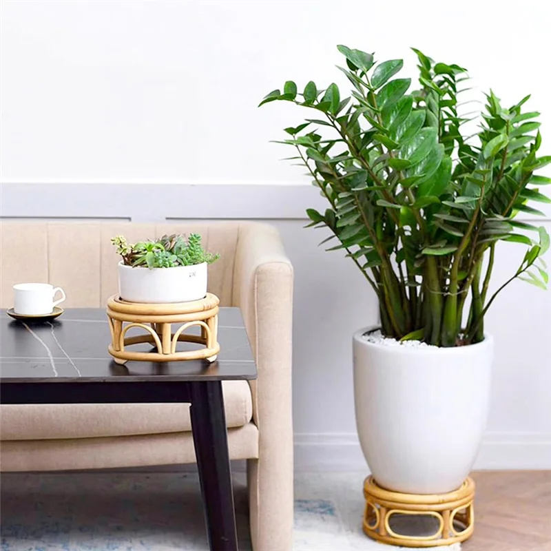 PORK-Boho 籐織りラウンド装飾ライザー プラントスタンド 屋内用 モダンプラントスタンド 籐ショートプラントスタンド 2パック