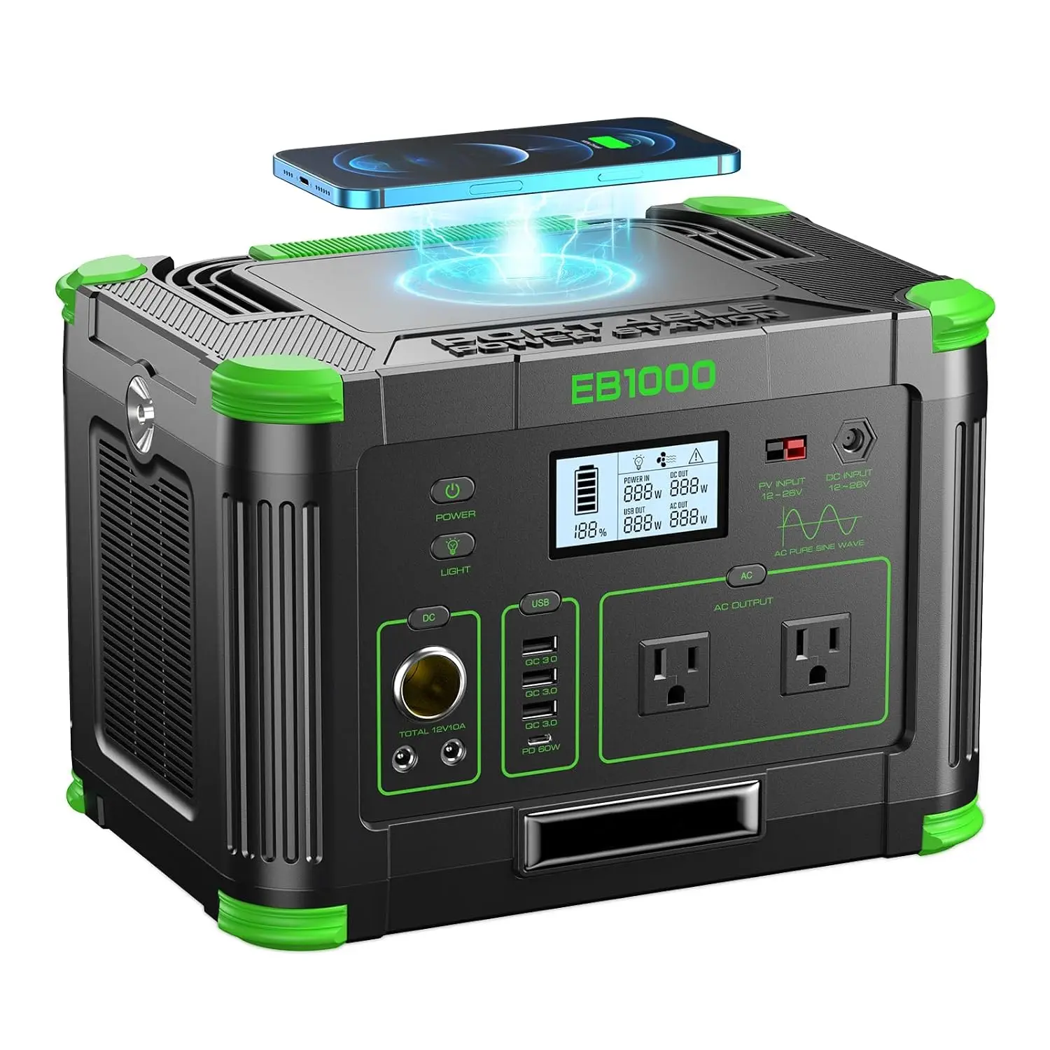 999Wh Portable Power Station, 1000W Pure Sine Wave AC, 60W USB-C PD, 10-Port for RV Camping Home Backup Emergency, Customized