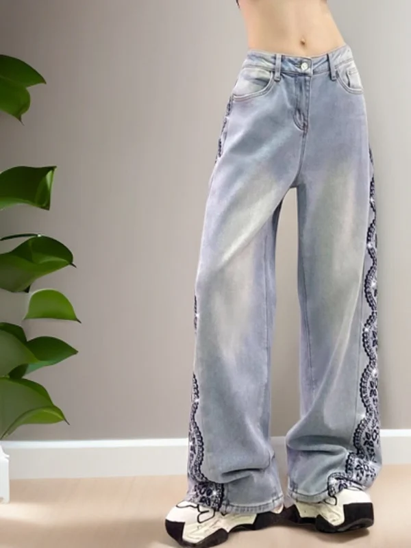 

Ele Embroidered High Waist Wide Leg Jeans for Women Spring Faion Street Sle Slimming Straight Cut Denim Pants