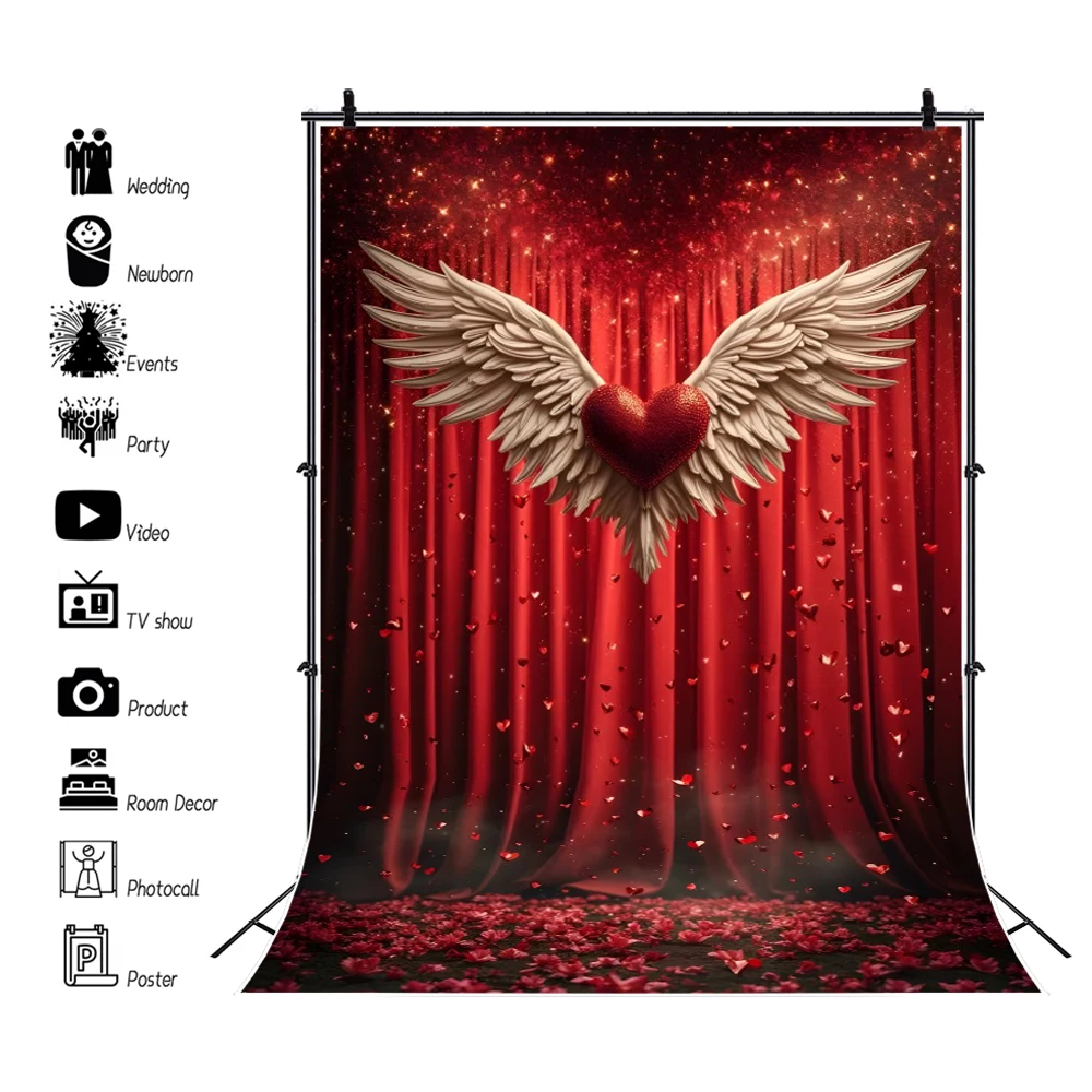 Laeacco Happy Valentine's Day Photography Backdrop Red Love Shape Petals Feather Wings Proposal Party Decor Portrait Photo Props