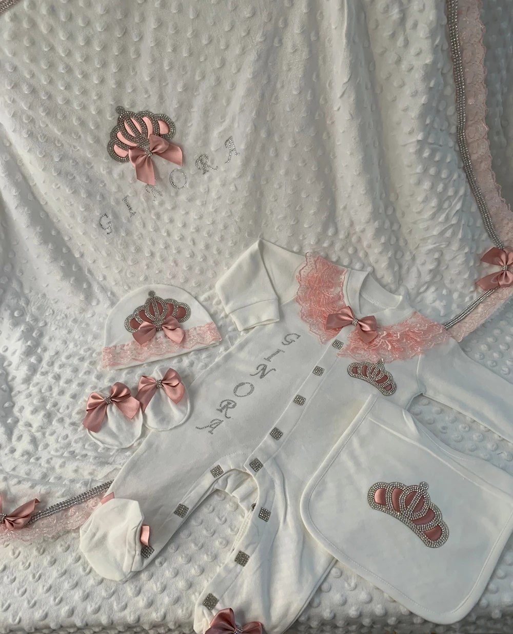 Bebê menina menino princesa príncipe saída do hospital recém-nascido bling outfits garrafas de bebê presente conjunto chá de fraldas presente 5 pçs macacão coroa