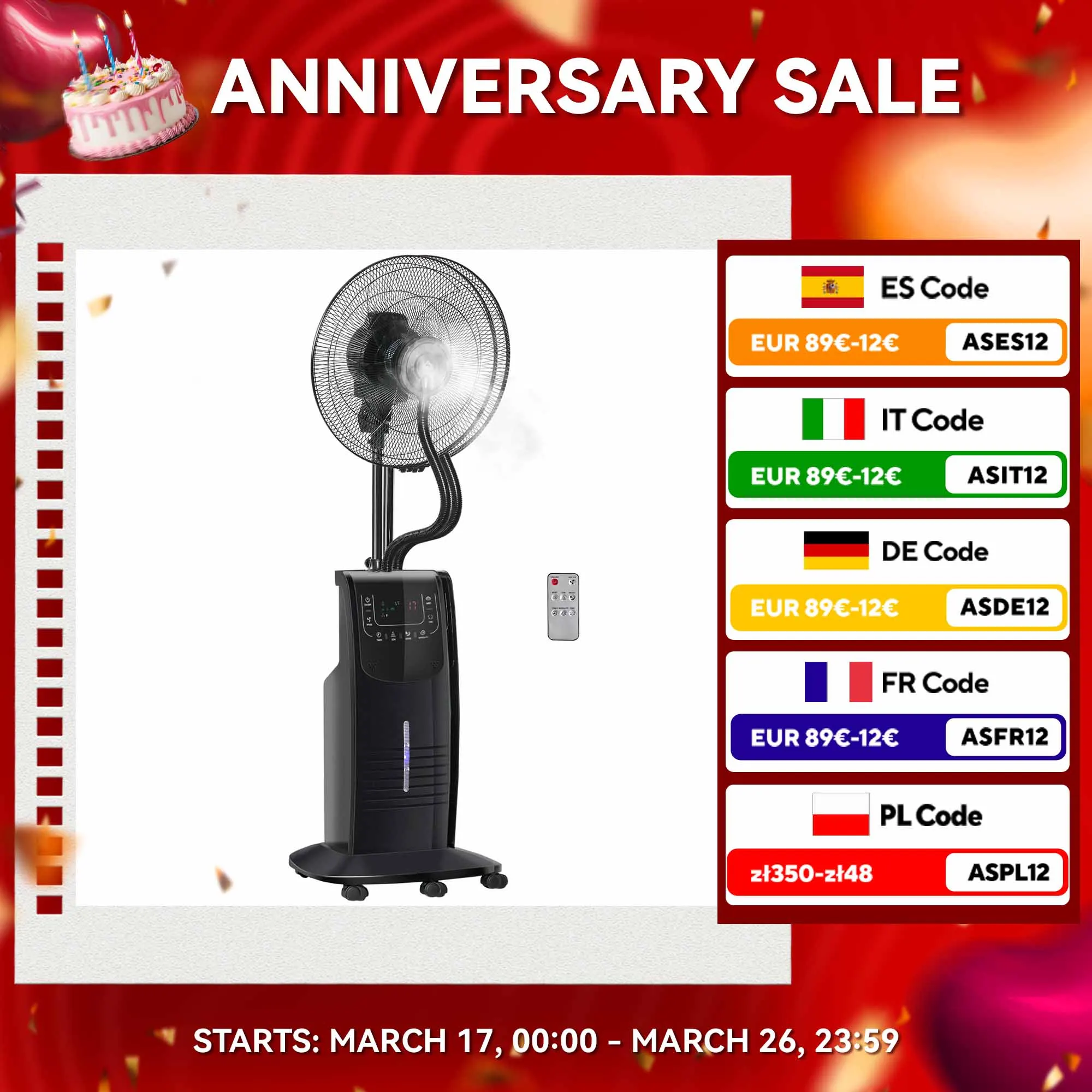 Ventilatore a pedale oscillante HOMCOM con nebulizzatore 90W 44,5x44,5x135 cm nero