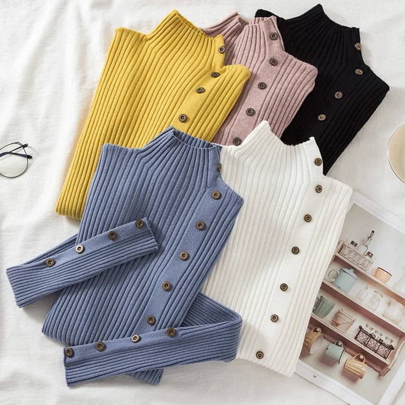 

2025 Women Sweater Pullovers Khaki Casual Autumn Winter Button Turtlneck Chic Sweater Female Slim Knit Top Soft Jumper Tops