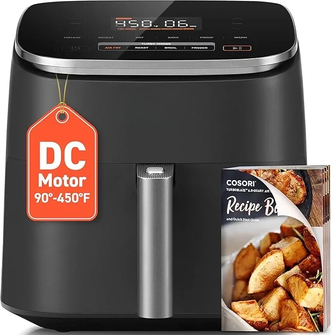 

Air fryer 9-in-1, compact and large 6-quart, fast turbo mode,precise temperature control for even uniformity between 90° -450° F