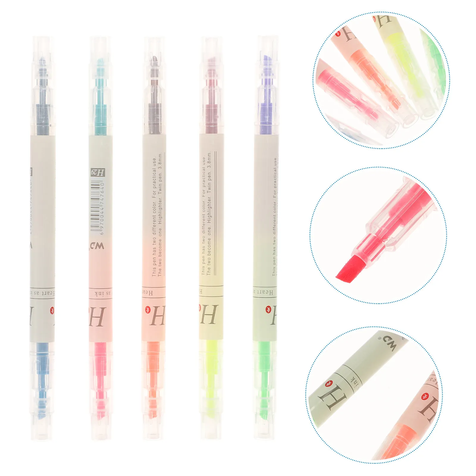 

5Pcs Student Highlighter Pens Fluorescent Marker Dual Tip Thick Thin Lines Comfort Grip Smooth Writing Portable for Home Office