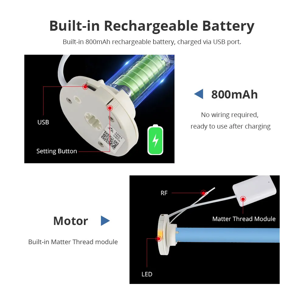 Zemismart Matter Over Thread Rechargeable Smart Roller Shade Blinds Motor for 20 28mm Tube Homekit Google Home Smartthings App