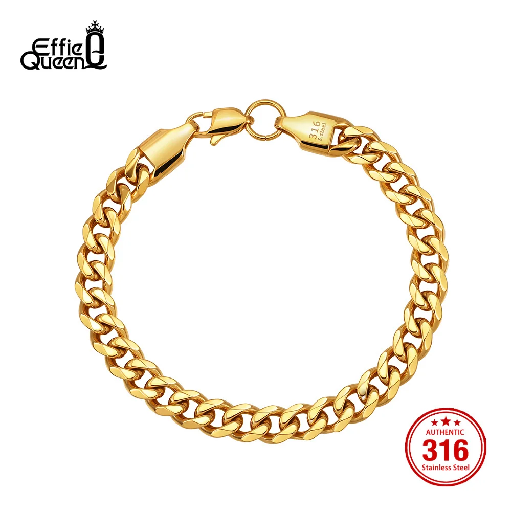 EFFIE QUEEN Chunky 7MM Curb Chain Bracelets Stainless Steel Cuban Link Chain Wristband Hip Hop Punk Jewelry Waterproof HTNCB02