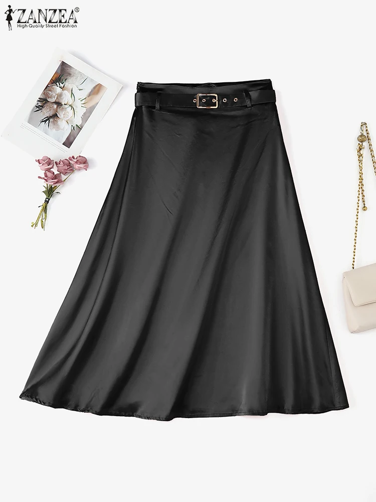 

ZANZEA Элегантные женские рабочие юбки с высокой талией OL, осень Jupes 2025, стильная однотонная атласная вечерняя юбка трапециевидной формы, повседневная юбка с поясом Falda Saia