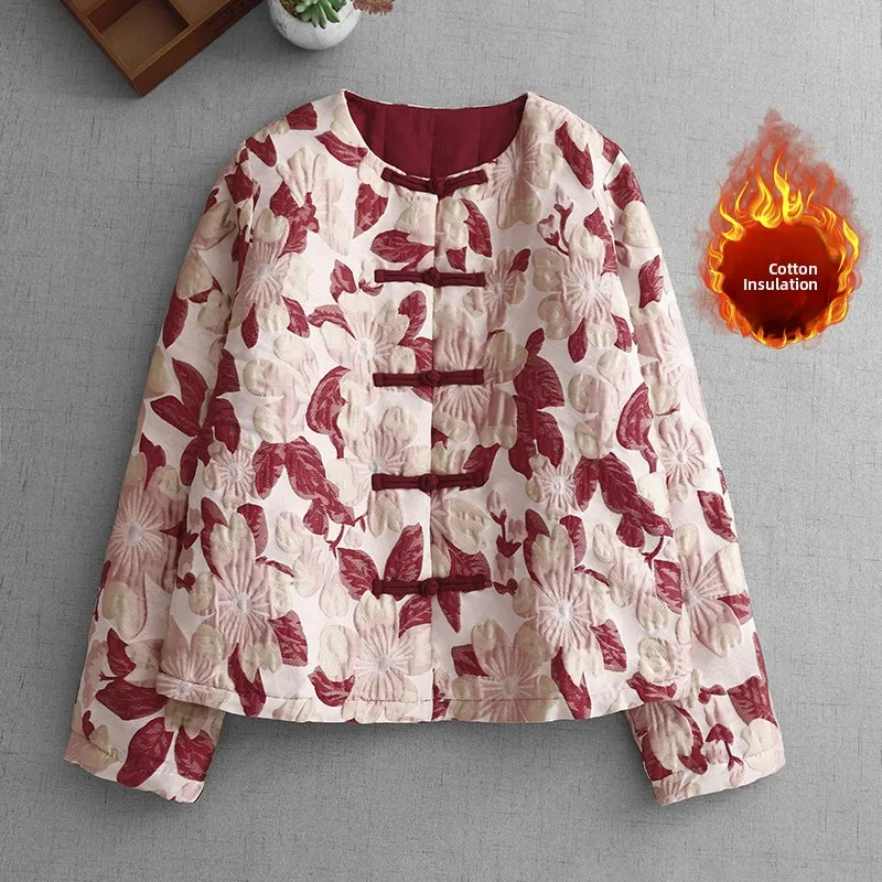 

Stylish Floral Print Cotton Jacket Thickened Winter Coat Large Size Women's Fashionable Retro Style Buttoned Short Cotton Pad...