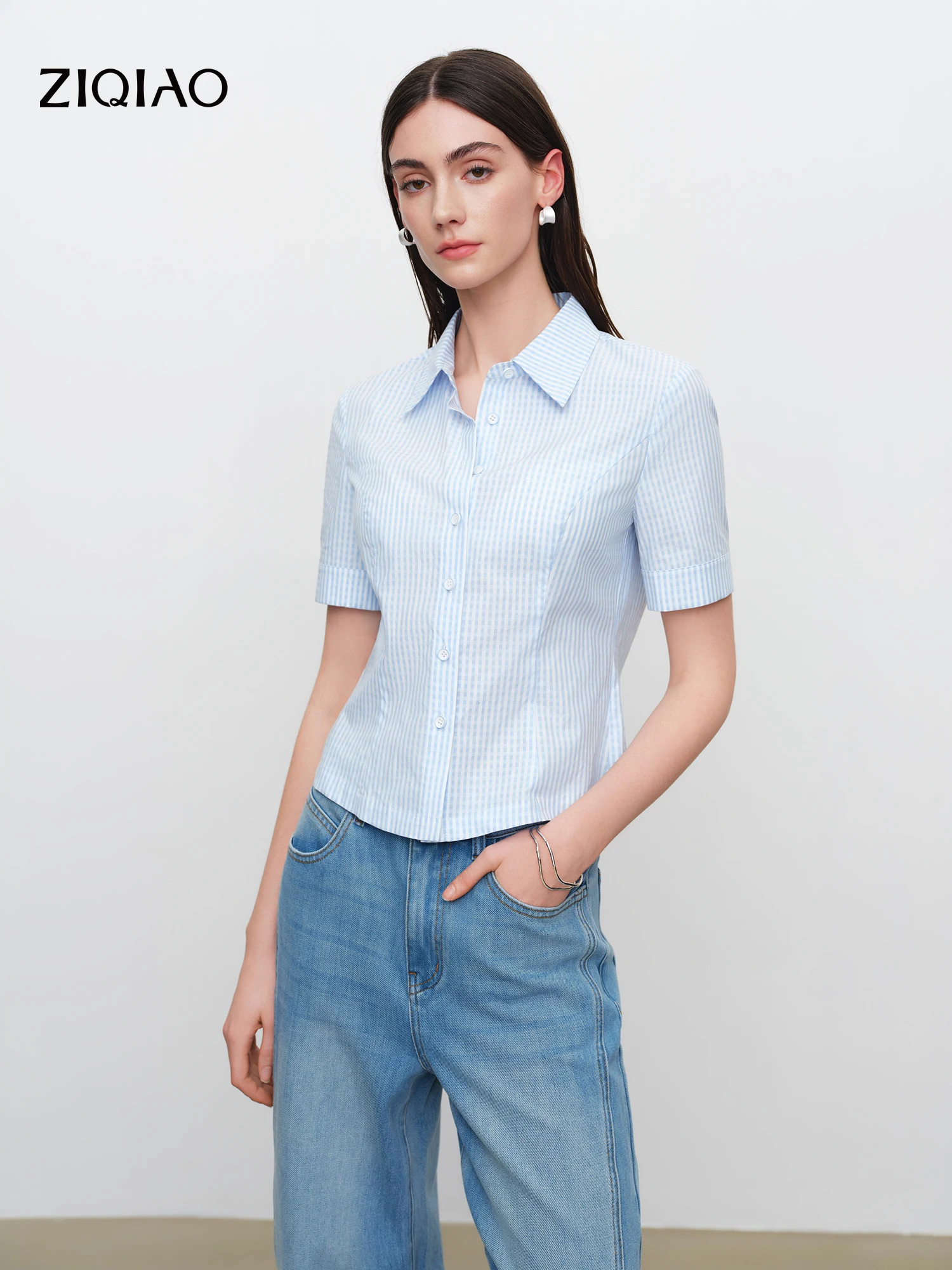 ZIQIAO 2026 Blusa de Verano Azul Celeste para Oficina, Estilo Minimalista y de Lujo Discreto, con Cintura Ajustada y Efecto Adelgazante