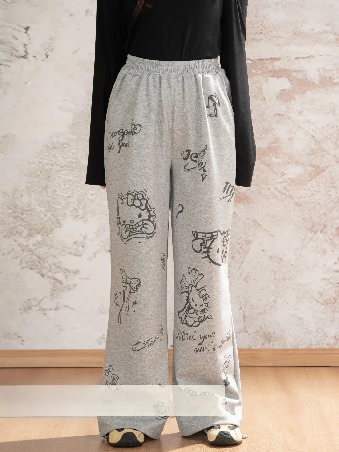 

Heynew Ретро-брюки с принтом KT, свободные, широкие, повседневные, больших размеров, женские, модные, осенние, стройнящие, универсальные