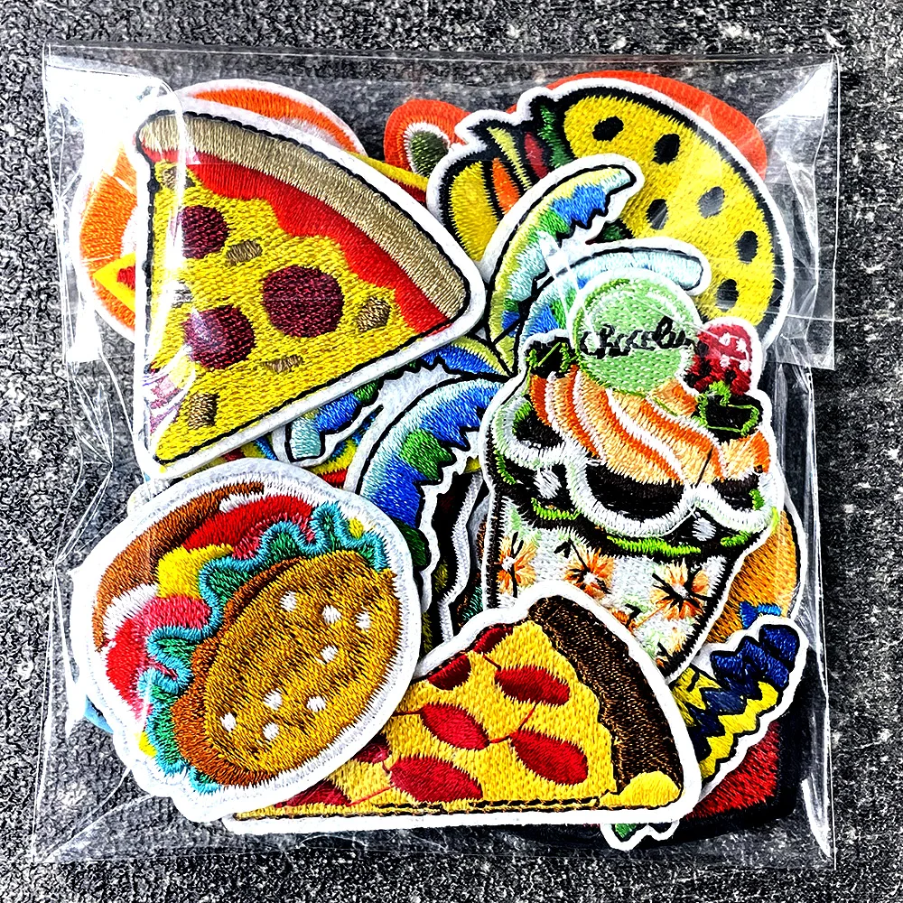 20Pcs/Lot Cartoon Hamburger Coconut Tree Iron on Patches Cloth Embroidered Applique Sewing Clothes Apparel Accessories Patch