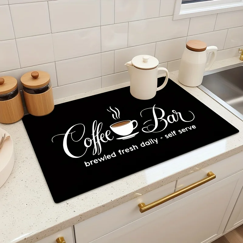 Coffee Bar Print Multi Dish Drying Mat Non Slip Heat Resistant Kitchen Counter Mat Decorative Absorbent Pad for Coffee Station