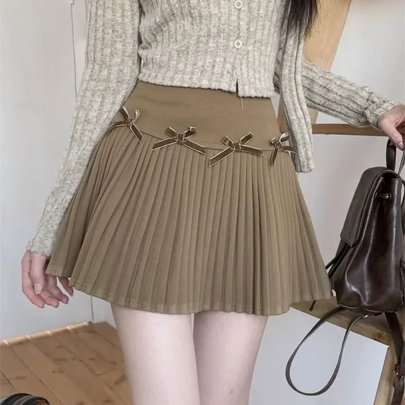 Sweet Bow A-Line Pleated Skirts Korean Female Clothing High Waist Zipper Spring Autumn Winter Hotsweet Solid Color Mini Skirts