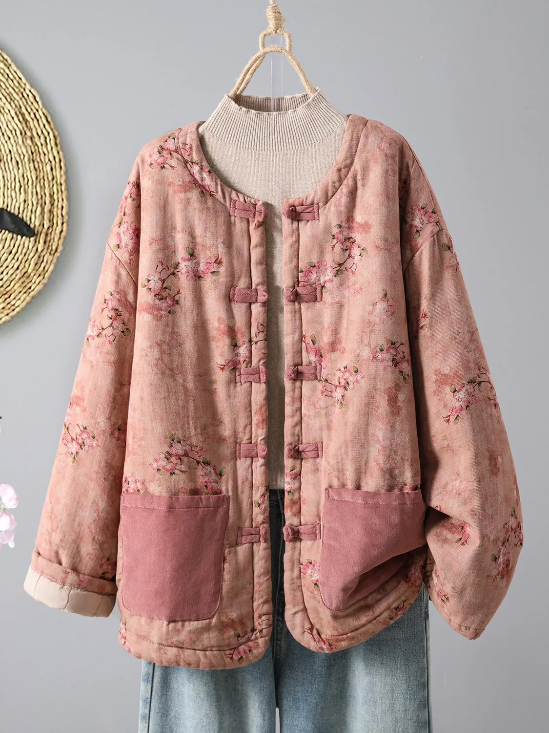 

Ретро-куртка из хлопка и льна с принтом, женская зимняя куртка на пуговицах с круглым вырезом, утепленный хлопковый топ в стиле тан, утолщенное пальто с длинными рукавами