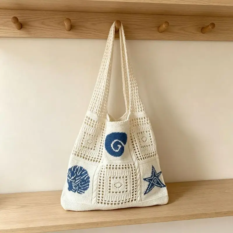 Crochet Tote Bag With Hollow Out Design Ocean Patterns For Beach Trips Daily Errands Summer Travel