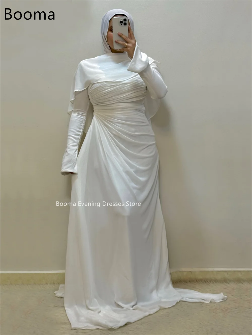 Booma a-line رقبة دائرية مطوي بسيط من الساتان فساتين زفاف أنيقة كم طويل فستان العرائس المملكة العربية السعودية مصنوع حسب الطلب 2025 #4