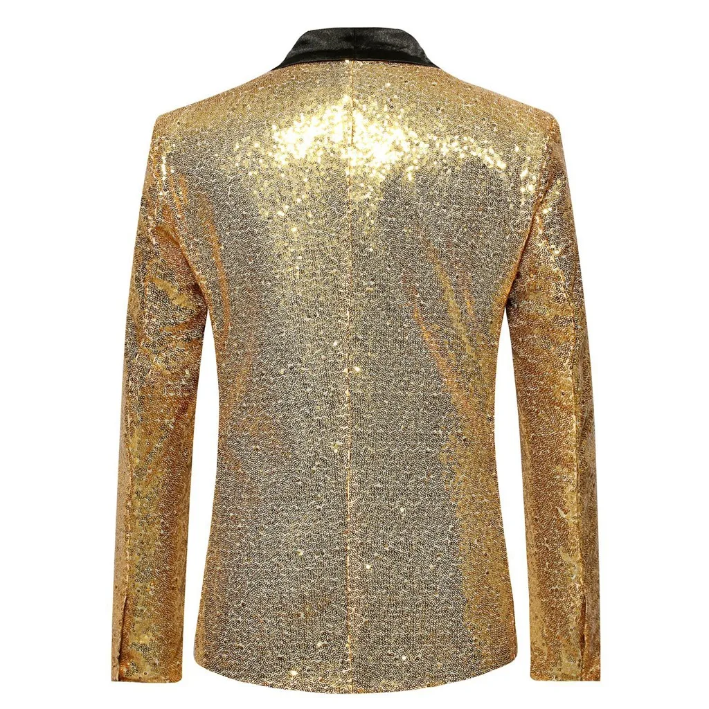 Perfomance Party Men's Shiny Sequin Jackets Suit Singer Business Wedding Host Blazer Single Button Pocket Long Sleeve Laple Coat