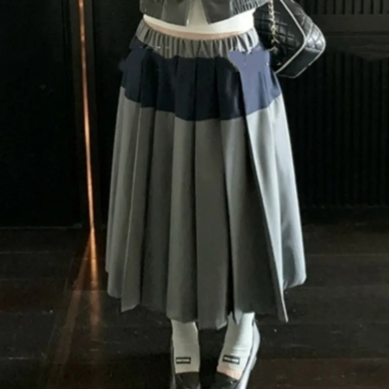 HKSH Mantel Für Frauen Herbst Neue Patchwork Kontrast Farbe Zipper Adrette Jacke Elastische Taille Gefaltete Süße Ins Rock HK10836