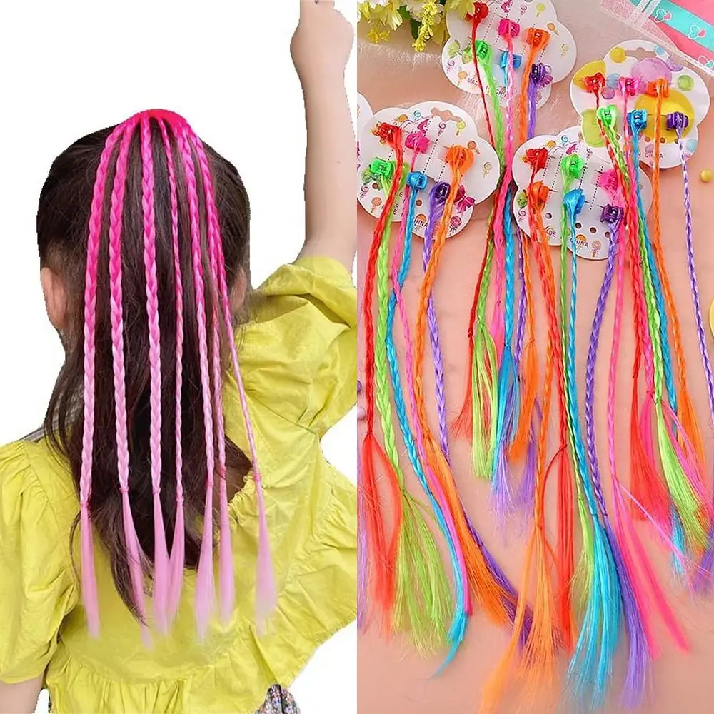 Colorful Braids Hair Extensions With Hair Clips Rainbow Braided Ponytail Hairpieces Hair Accessories For Kids Girls