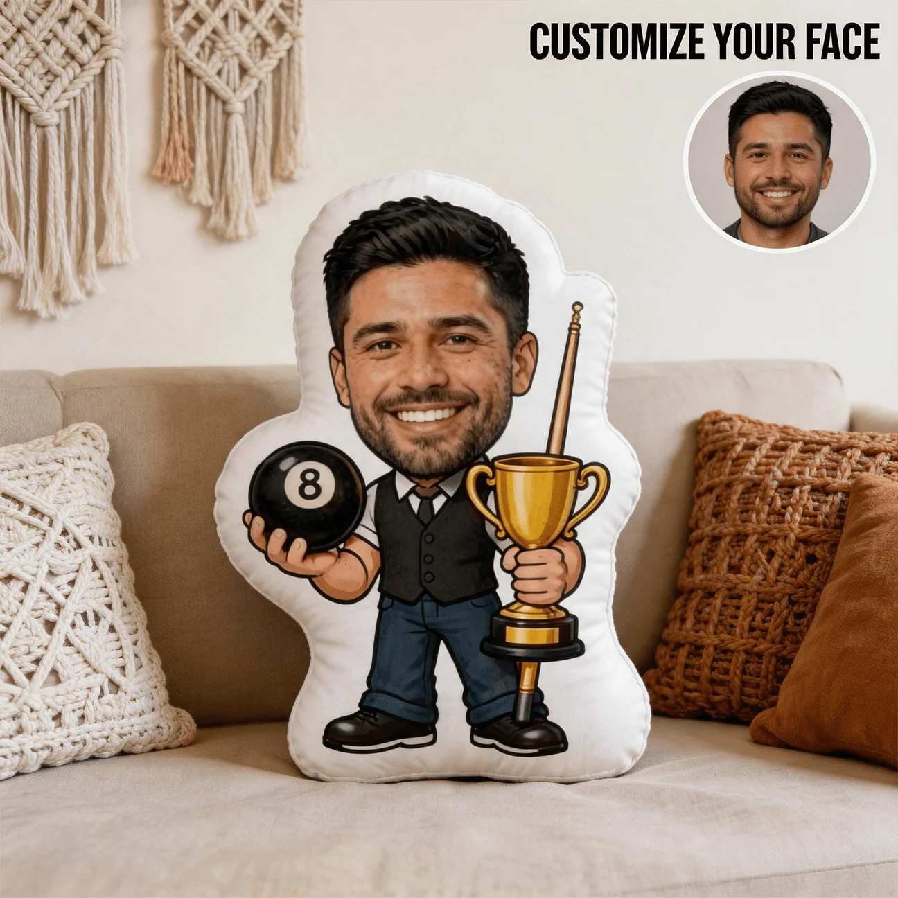 Custom Face Billiard Champion Shaped Pillow, Personalized Photo Decorative Cushion with Trophy And 8 Ball Design, 60CM Large Siz