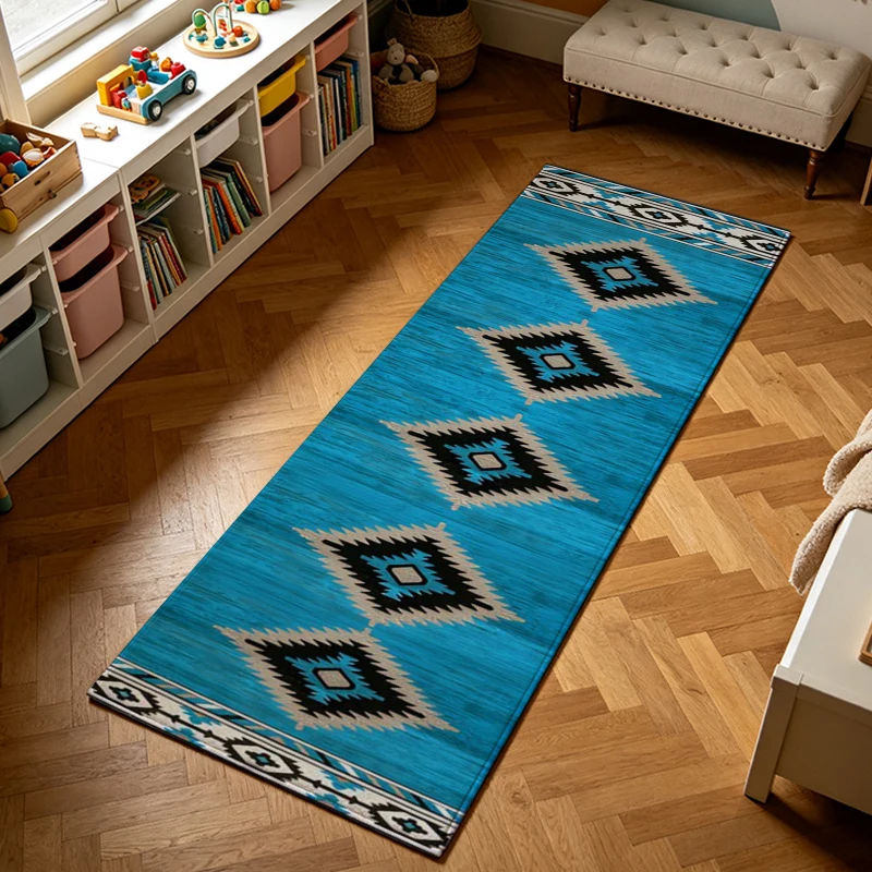 Bohemian Southwestern Runner Rug Turquoise Navajo Diamond Geometric Design Long Hallway Carpet Tribal Style Kitchen Runner Rug for Entryway Bedroom