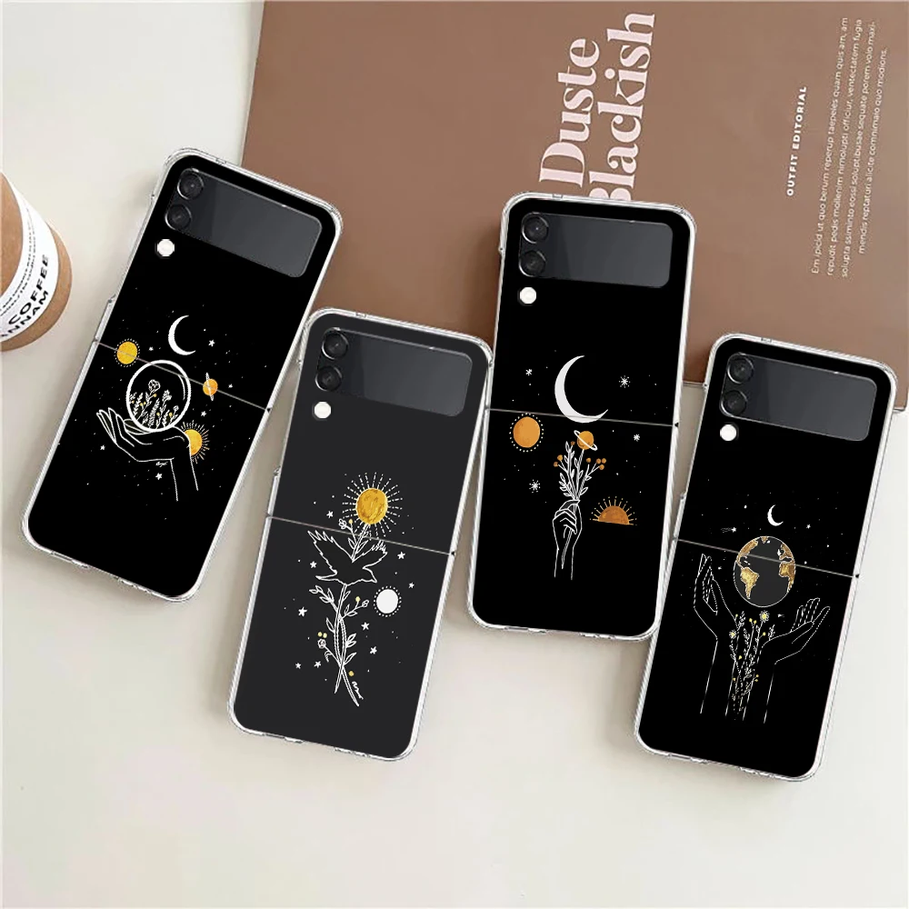 Simplicity line Art sun moon Phone Case For Samsung Galaxy Z Flip 3 4 5 Hard Folding Clear PC Bumper For Samsung Z Flip3 Cover