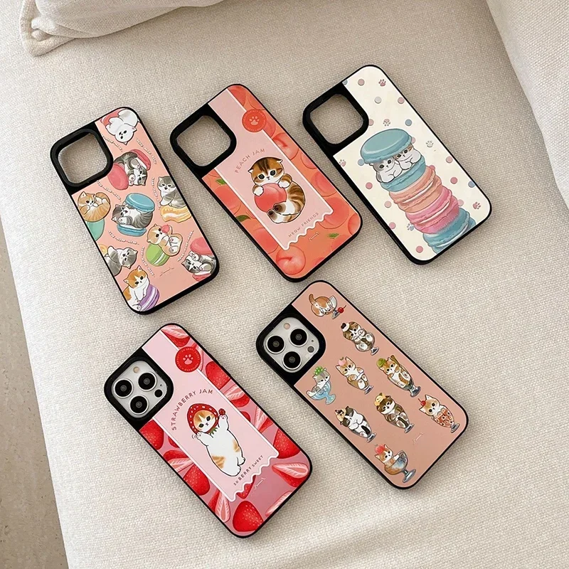 

Cartoon Cute Dessert Cat Mirror Black Border Magnetic Phone Case Cover for IPhone 11 12 13 14 15 16 Pro Max Case