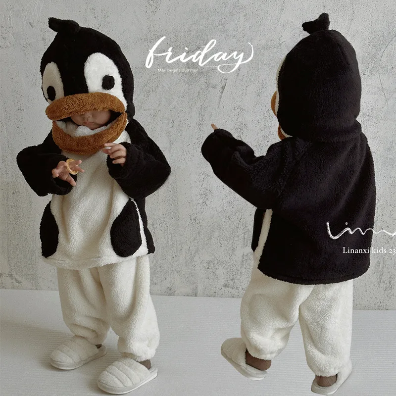 2025 Winter New Children Cartoon Penguin Plush Home Clothes Set Boys Girls Thick Warm Hooded Pajamas Suit Kids Fleece Outfits