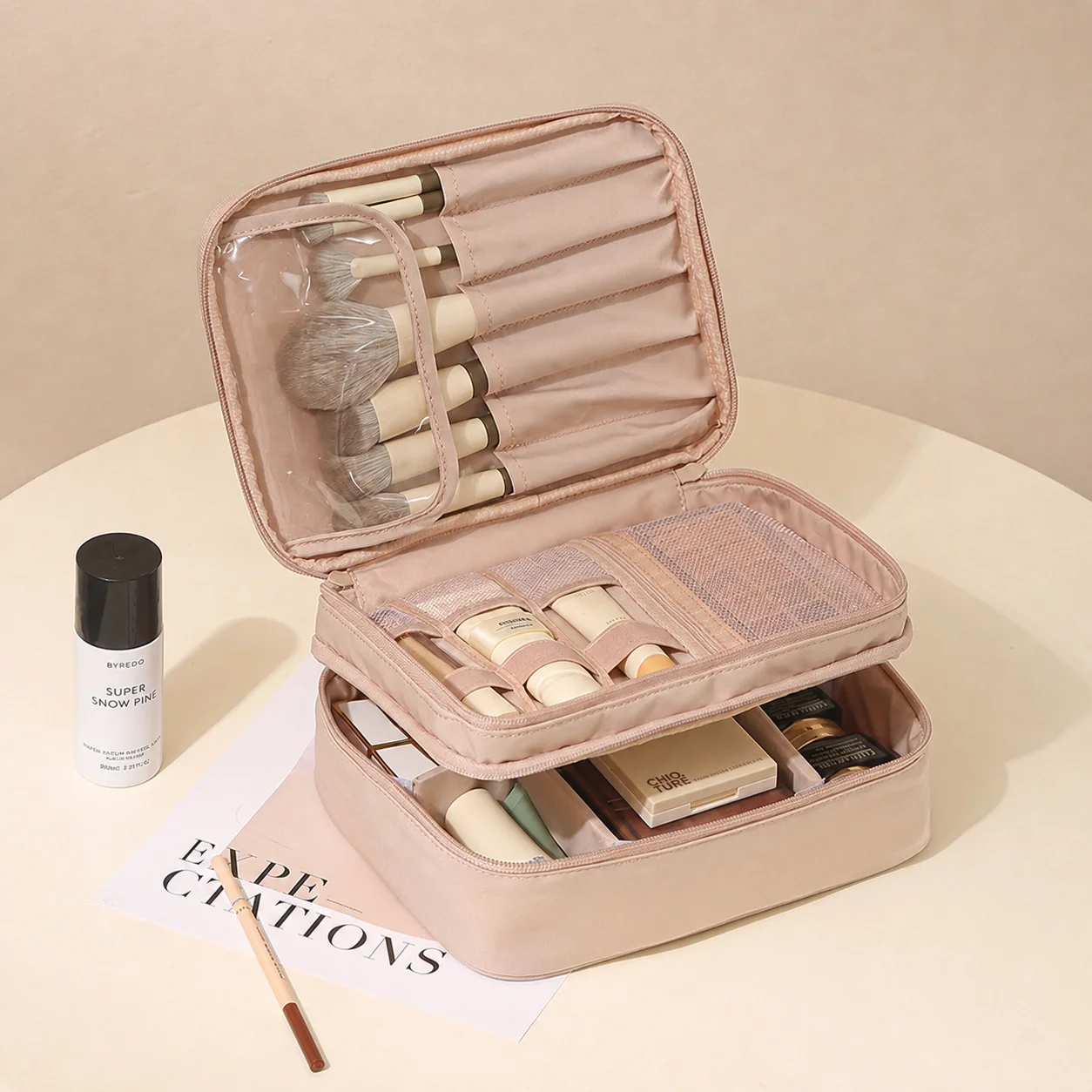 Divider Cosmetic Bag Double-Layer Oxford Cloth Cosmetic Bag Portable Toiletry Bag Lightweight For Outdoor Trips Cosmetic Storage