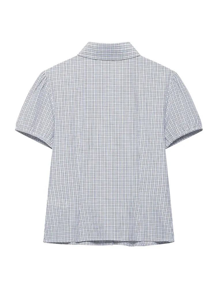 HH Women Summer New Fashion Versatile Plaid Stretch Poplin Shirt Female Chic Lapel Long Sleeve Single Breasted Short Sleeve Top