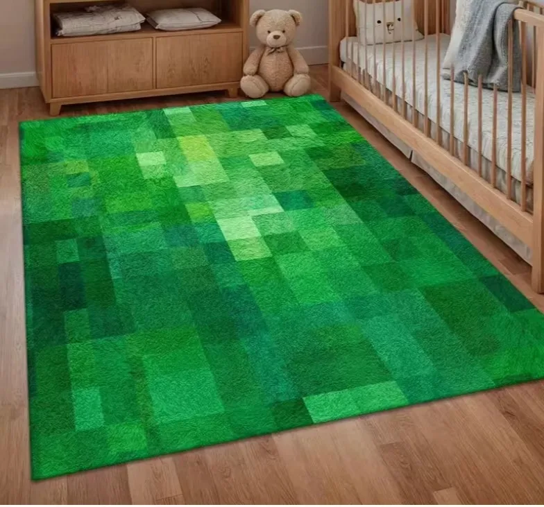 Green Pixel Grid Carpet Cartoon Printed Floor Mat, Large Game Carpet Carpet Suitable Gamer Bedroom Living Room Sports Carpet