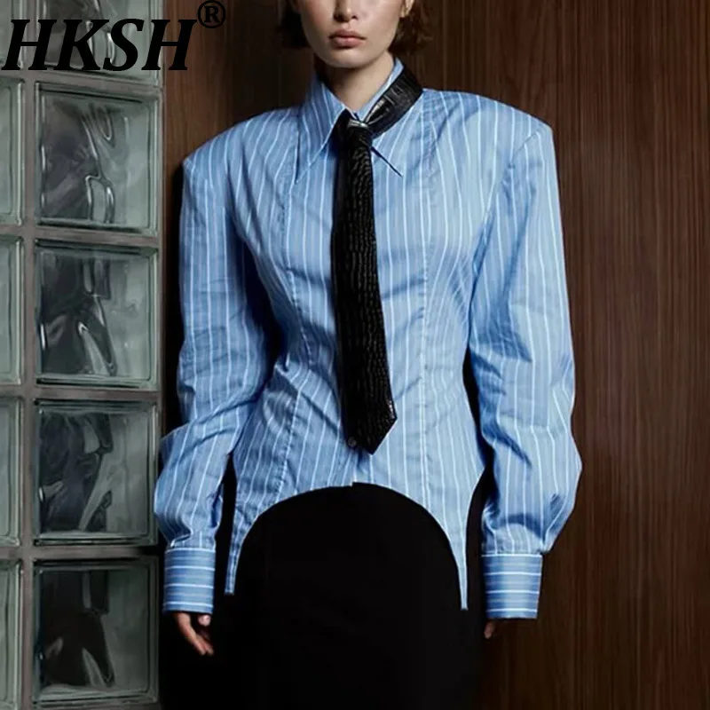 

Женская рубашка HKSH в полоску с завязками на талии, приталенная, с отложным воротником, длинными рукавами и галстуком, элегантный повседневный топ для весны и осени HK22062