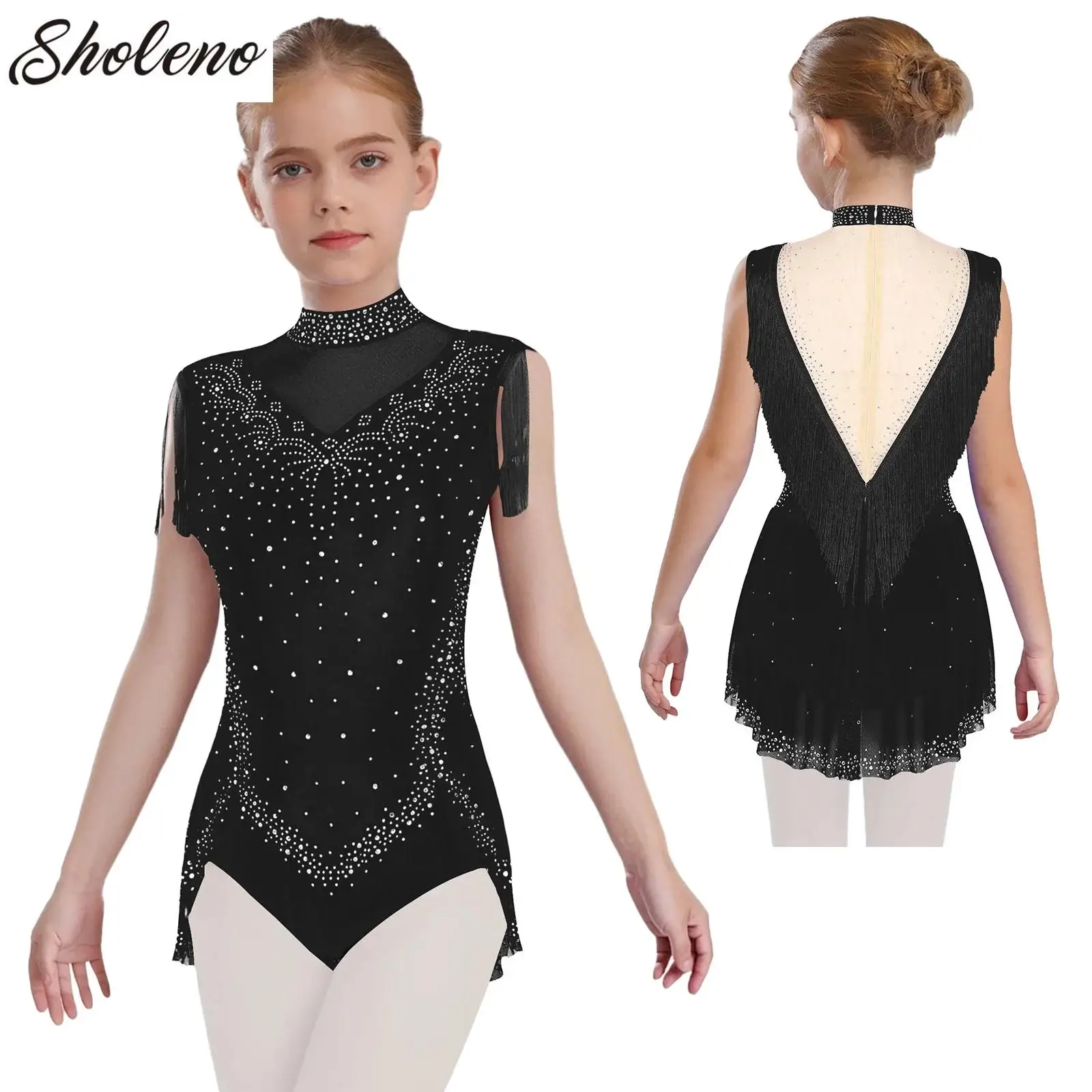 

Girls Modern Lyrical Dance Leotard Dress Kids Ballet Tutu Gymnastics Jersey Tassel Bodysuit Figure Skating Performance Costume