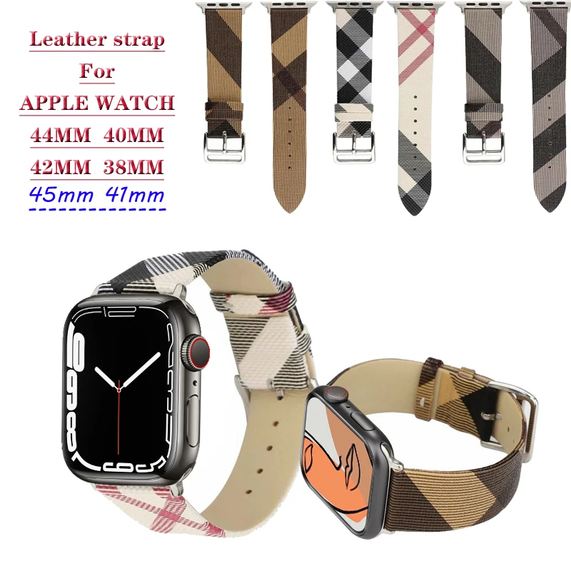 Plaid Pattern Band for apple Watch Strap 44mm 45MM 40MM 42mm 38mm Genuine leather Bracelet watchband iWatch Series 3 4 5 6 SE 7