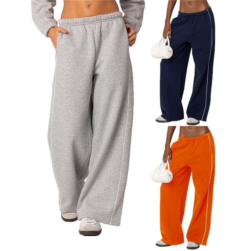 Sweatpants feminino primavera outono em linha reta calças soltas cintura elástica cinza calças esportivas calças quentes com bolsos para mulher