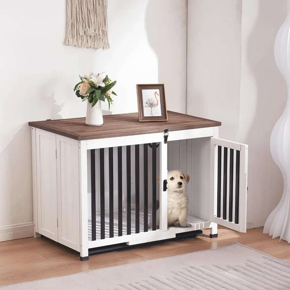 Wooden Dog Crate Furniture, Dog Kennel Pet House End Table, Solid Wood Portable Foldable Indoor Cage for Dogs, No Assembl