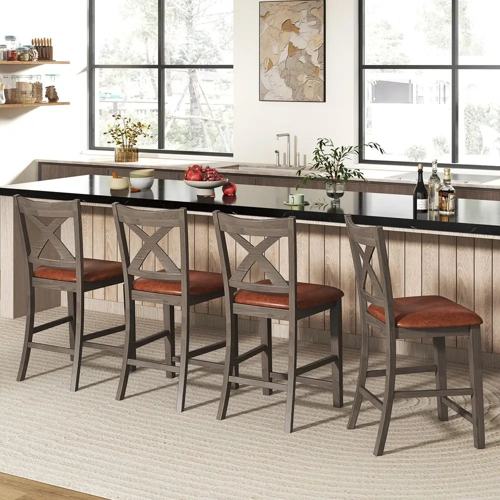 

24 Bar Stools Set of 4, Farmhouse Counter Height Bar Stools with Footrest, Cross Back, Comfortable Linen Cushion, holstered W