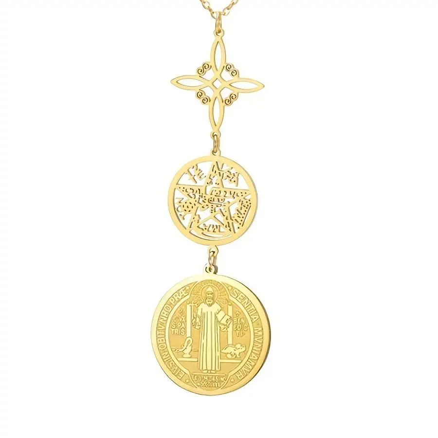 1/5/10/20/50/100pcs Triple Protection Necklace with Witch Knot Pentagram Tetragrammaton Saint Benedict Stainless Steel Spiritual