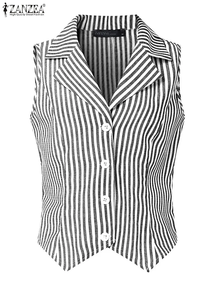 Mulheres elegantes tanques topos 2025 zanzea verão sem mangas listra blusa de férias irregular camis lapela pescoço trabalho ol camisa streetwear