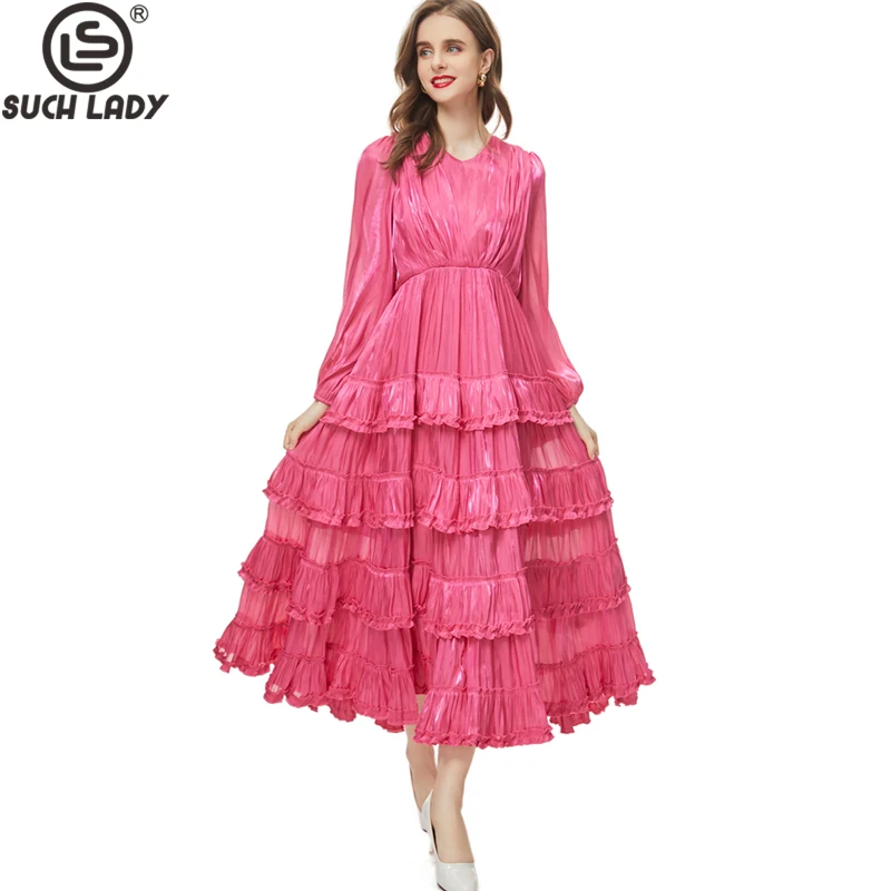 

Women's Runway Dresses O Neck Long Lantern Sleeves Tiered Ruffles Fashion Elegant Party Gown Prom Vestidos