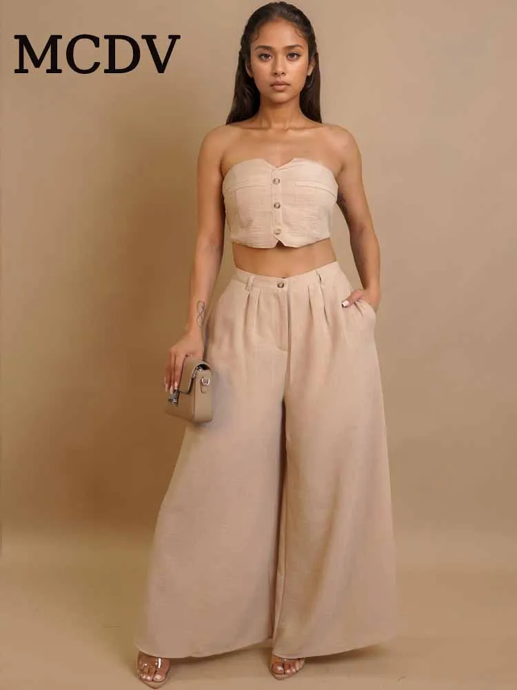 

MCDV Casual Street 2 Piece Set Women Elastic Single Breasted Strapless Crop Tops Wide Leg Trousers Matching Elegant Club Outfit