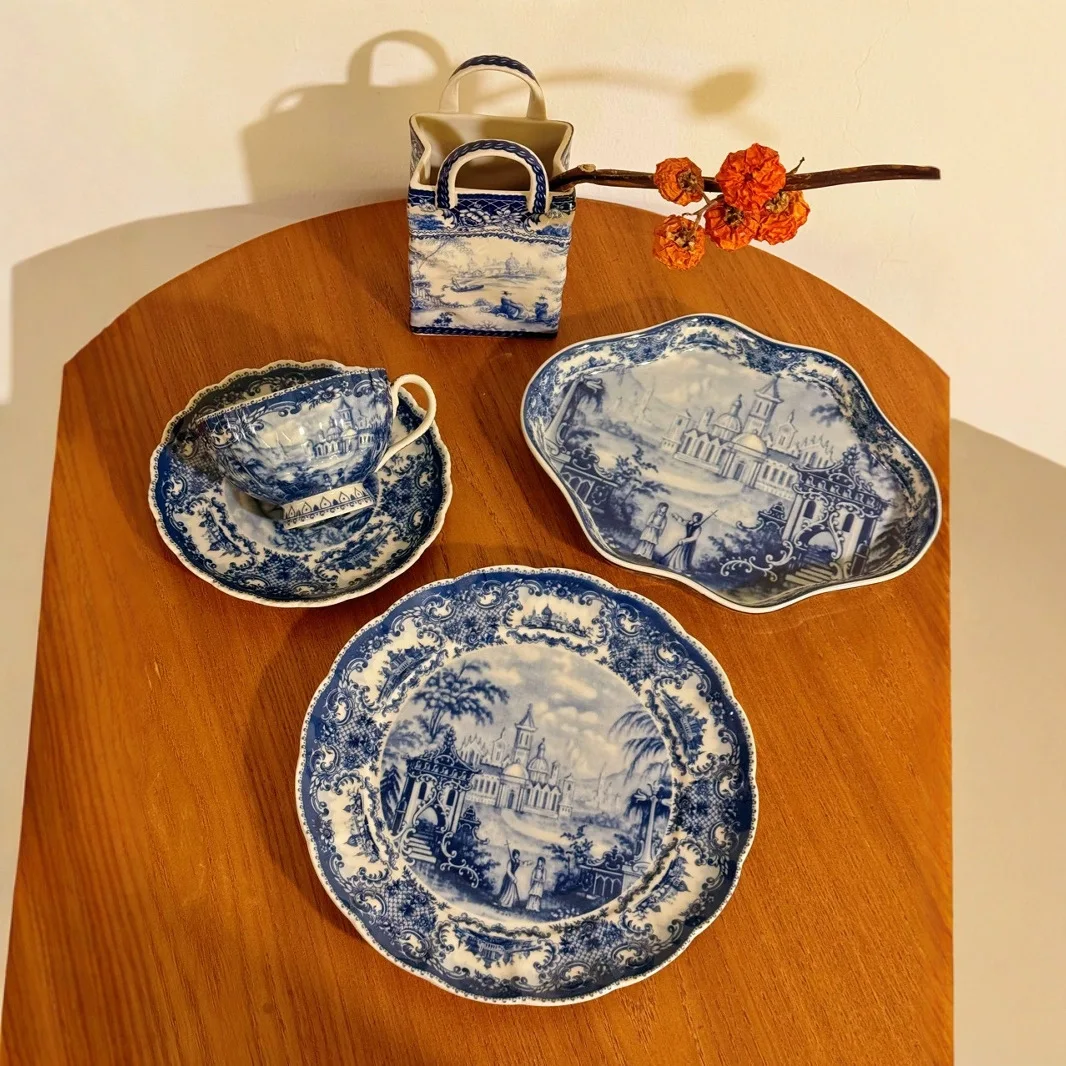 

Средневековый синий и белый замок, подглазурная керамическая тарелка с облаками, круглая тарелка для дома, послеобеденный чай, десертная тарелка