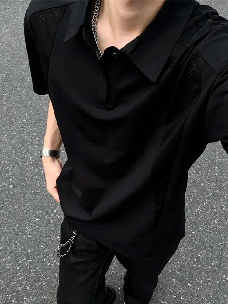 Ice Silk  Shirt Short Sleeve Deconstructed Mesh Patchwork Men's Summer Trendy Brand Cool Feeling Half Sleeve Turn-down Co...