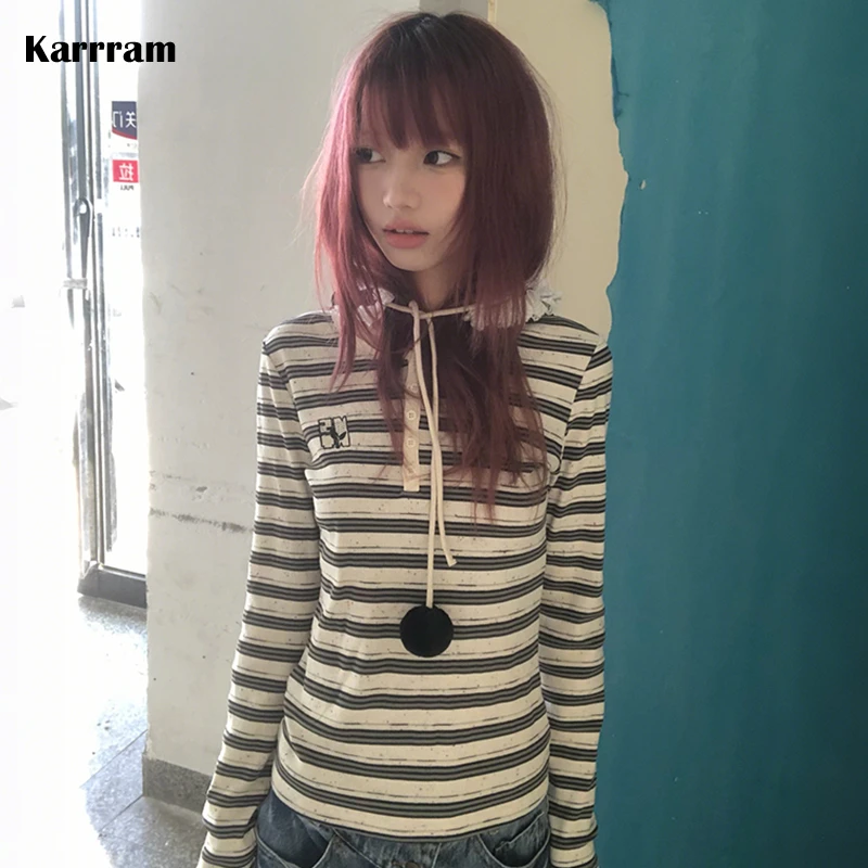 Image of Karrram Japanischer Y2k Gestreifter Strick-T-Shirt Vintage Harajuku Langarm-Strickoberteil Koreanischer 2000er-Stil Strickwaren Amerikanischer Retro-Look