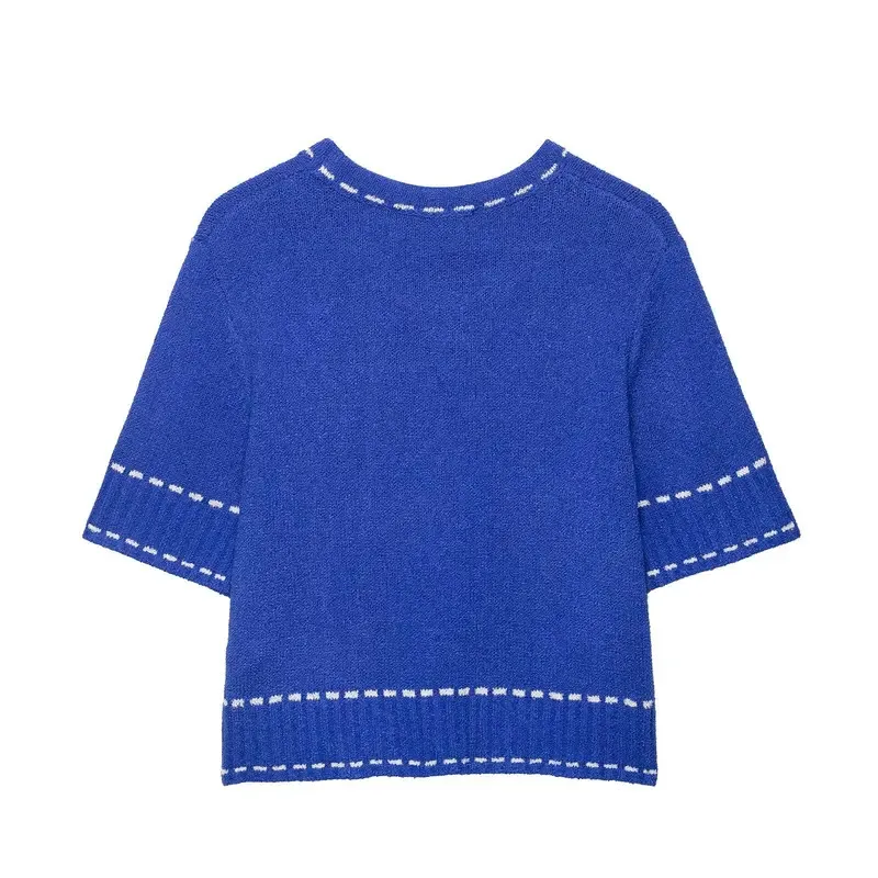 Ladies Commuter Style Knitted Ribbed Top Casual Blue Short Sleeve round Neck Pullover Fashion Female New